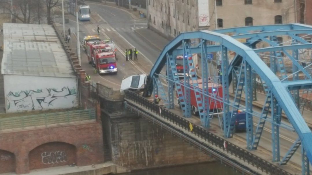 Wypadek przy moście Sikorskiego. Samochód prawie spadł do Odry… – MiejscaWeWroclawiu.pl